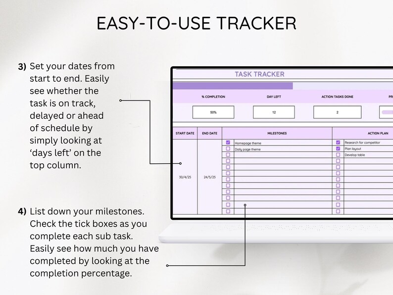 May include: A laptop screen displays a task tracker template with a purple header and columns for completion, days left, and action tasks. The text "EASY-TO-USE TRACKER" is at the top. The tracker includes sections for start and end dates, milestones, and an action plan.