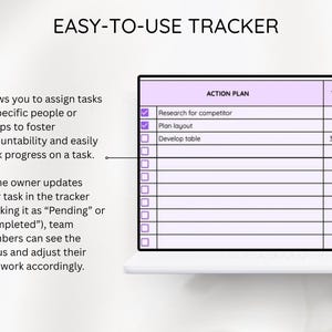 May include: A digital task tracker displayed on a laptop screen. The tracker, labeled "EASY-TO-USE TRACKER," features a table with columns for "ACTION PLAN," "TIME," and "ASSIGN." The text explains how to assign tasks and track progress.