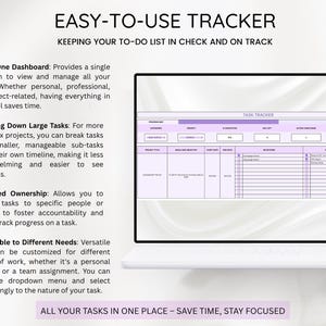 May include: A laptop screen displays a digital task tracker with a purple and white color scheme. The text "EASY-TO-USE TRACKER" and "KEEPING YOUR TO-DO LIST IN CHECK AND ON TRACK" are at the top. The bottom text reads "ALL YOUR TASKS IN ONE PLACE - SAVE TIME, STAY FOCUSED."