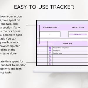 May include: A laptop screen displaying a digital task tracker. The tracker includes sections for action plans, time spent, and project status. The text "EASY-TO-USE TRACKER" is at the top of the screen.