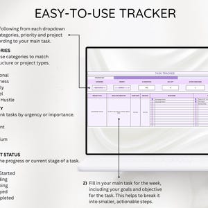 May include: A digital task tracker displayed on a computer screen. The tracker is in a light purple color scheme and includes sections for categories, priority, and project status. Text on the screen reads "EASY-TO-USE TRACKER."