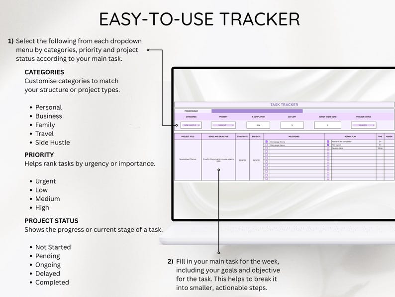 May include: A digital task tracker displayed on a computer screen. The tracker is in a light purple color scheme and includes sections for categories, priority, and project status. Text on the screen reads "EASY-TO-USE TRACKER."