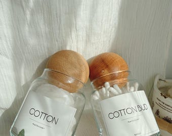 Glass Jar Bathroom Organizer Set, Wooden Lid, Cotton Bud Holder