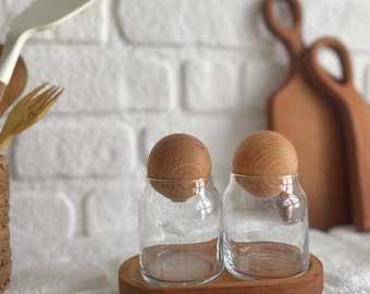Glass Spice Jar Set with Wooden Lids and Stand, Kitchen Organization