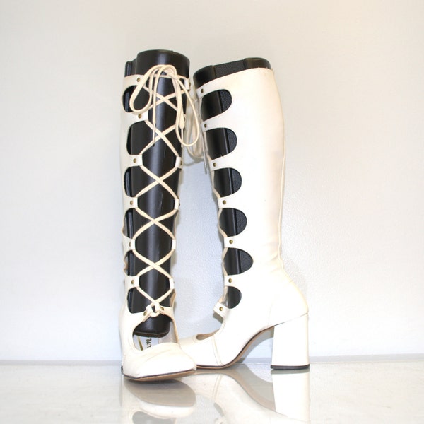 size 6.5 vintage 60s Patent White Gladiator tall Go-Go Boots