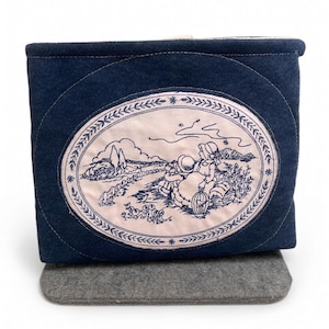 Puede incluir: Una caja de tela azul marino con un parche ovalado rosa claro que presenta una escena pastoral. La escena representa a una persona con sombrero, una casa y un paisaje. La caja se asienta sobre una base rectangular gris.