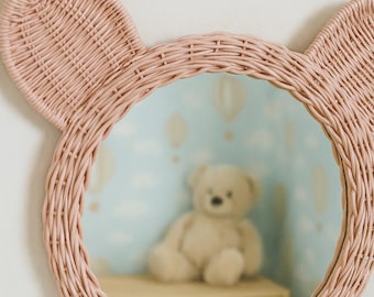 Kids Pink Rattan Teddy Bear Mirror