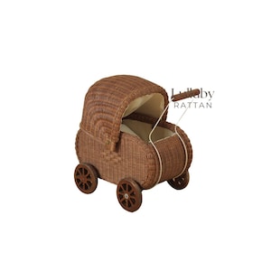 Handgemaakte rotan poppenwagen - vintage speelgoedkinderwagen voor meisjes, rieten poppenwagen, boho kinderdagverblijf, fantasiespel cadeau voor peuters