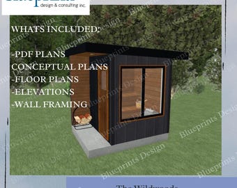 Peut inclure: Rendu 3D d'un sauna en bois et noir avec une porte en verre. Le sauna mesure 1,83 mètre par 1,83 mètre et s'appelle "The Wildwoods". Le texte "WHATS INCLUDED" est listé avec des puces : Plans PDF, Plans conceptuels, Plans d'étage, Élévations et Ossature murale.