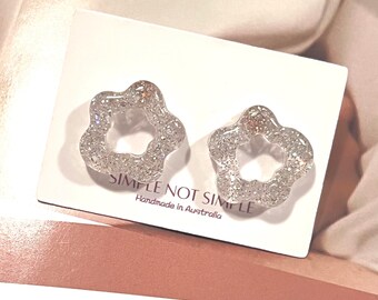Resin Gold Flakes Clear Flower Earring Studs