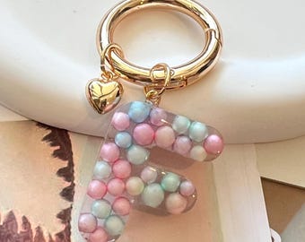 Personalized Resin Letter Keychain, Pastel Bead Initial Keyring