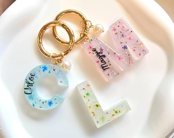 Personalized Resin Floral Initial Keychain, Pearl Charm