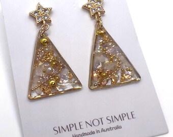 Resin Sparling Glitter Dried flowers Golden Xmas Tree Star Triangle Earring Dangles