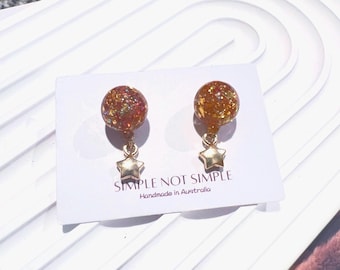 Resin Red and Gold  Sparkling Glitters Cube Star Charms Earring Studs