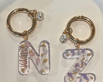 Personalized Resin Floral Initial Keychain with Pearl Charm