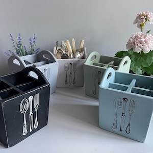 Rustic Pine Cutlery Holder: Painted Finish Kitchen Storage