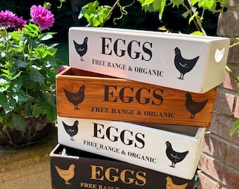 Vintage Style 12 Egg Wooden Crate: Rustic Chicken Design, choice of colours