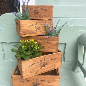 Vintage Style Pine Wood Storage Crates: Herbs of Provence Kitchen Decor
