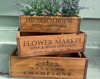 Vintage Style Pine Wood Storage Box: Rustic Metal Edged Crates, choice of 3 designs
