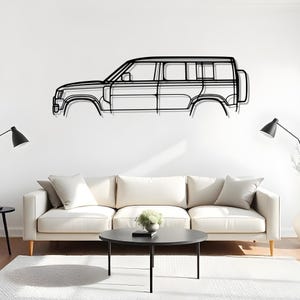 Arte mural con silueta de coche Land Defender D110, decoración de garaje para hombre, regalo para coleccionistas o aficionados a los coches, decoración llamativa de garaje, panel de pared para el conductor