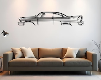 May include: Black metal wall art depicting a classic car outline. The artwork is mounted on a white wall above a brown sofa with beige pillows. The car's design features a sleek, vintage aesthetic.