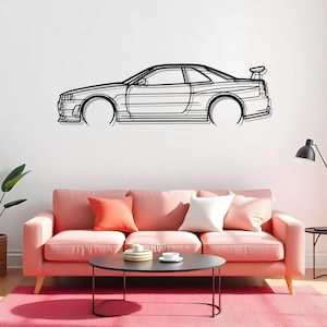 GTR R34 Detailed Car Silhouette Art For Enthusiast Wall, Garage Metal Decoration Gift, Boyfriend Gift, Racer Room Gift, Wall Art Collector