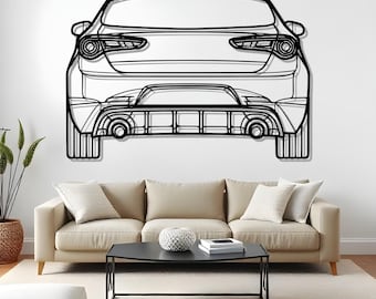 May include: Black metal wall art depicting the rear view of a car. The artwork features detailed outlines of the car's body, lights, and exhaust. The car art is mounted on a white wall above a beige sofa and black coffee table.