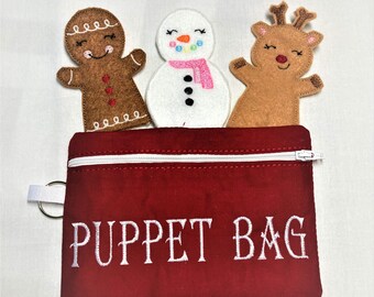 Christmas Snowman, Reindeer and Gingerbread Man Finger Puppets with Carrying Case