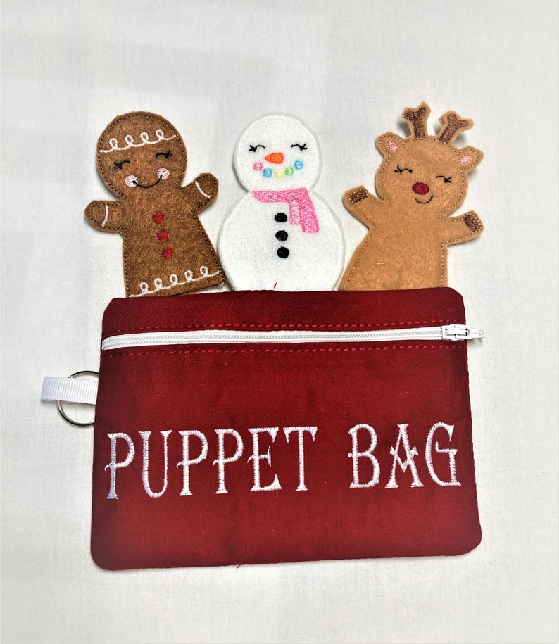 Christmas Snowman, Reindeer and Gingerbread Man Finger Puppets with Carrying Case image 1