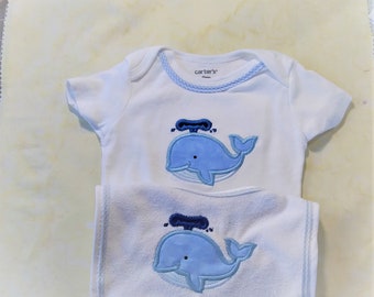 Whale onesie and bib for boys and girls