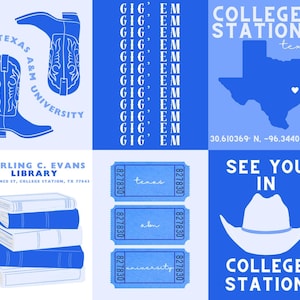 Set of 6 Custom Texas A&M University, College Prints, Digital Downloads, Dorm Decor, Wall Art, College Station, Blue, Collage Set, Grad Gift