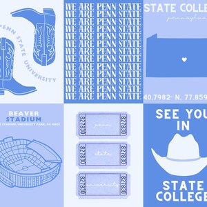 May include: A blue and white illustration of a football stadium, a pair of cowboy boots, a ticket stub, and a cowboy hat. The text "Beaver Stadium" and "State College, Pennsylvania" are included in the image.
