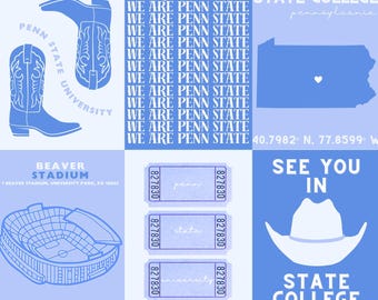 Set of 6 Custom, Penn State University, Prints, Digital Downloads, Dorm Decor, Wall Art, PSU, College Prints, Light Blue, Preppy, Set
