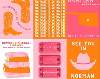 May include: A pink and orange graphic design with the text "BOOMER SOONER" repeated multiple times. The design also includes a pink outline of the state of Oklahoma with a heart in the center, the text "NORMAN oklahoma", and the coordinates "35.1987° N. 97.4449° W". The design also includes a pink cowboy boot, a stack of books, and a pink cowboy hat.