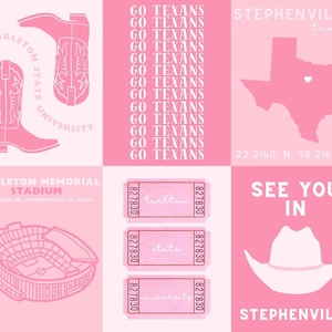 May include: A collage of pink posters with white text and illustrations. The posters feature cowboy boots, the Texas state outline, the words "Go Texans," stadium art, and tickets. One poster says "See you in Stephenville."