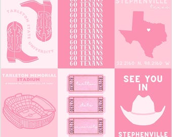 Conjunto de 6 impresiones personalizadas de la Universidad Estatal de Tarleton, descargas digitales, decoración para dormitorio, arte mural, rosa, collage, regalo de graduación.