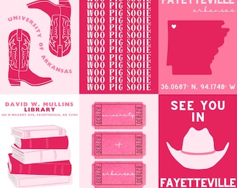 Set of 6 Custom, University of Arkansas, Prints, Digital Downloads, Dorm Decor, Wall Art, College Prints, Preppy, Pink Shades, Collage Set