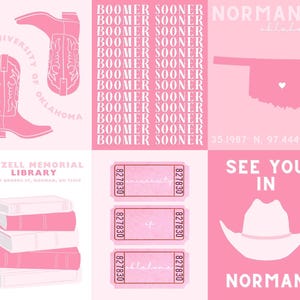 Set of 6 Custom, Oklahoma University, Prints, Digital Downloads, Dorm Decor, Wall Art, OU, College Prints, Preppy, Light Pink, Collage Set