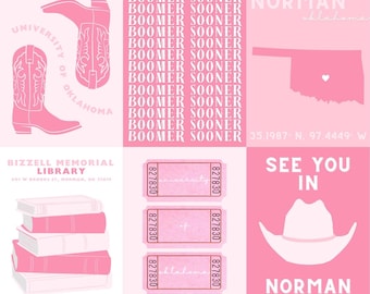 Puede incluir: Un collage rosa con imágenes de la Universidad de Oklahoma. Incluye botas de vaquero, las palabras "Boomer Sooner", un mapa de Oklahoma, libros de biblioteca, boletos y la frase "See You in Norman."