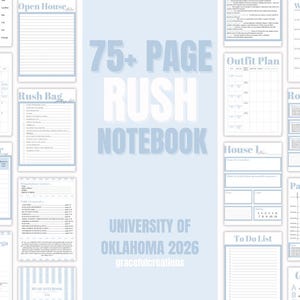 Puede incluir: Un cuaderno azul claro con varias páginas, incluyendo un calendario, una lista de tareas y un planificador de vestuario. La portada dice "75+ PAGE RUSH NOTEBOOK" con "University of Oklahoma 2026" debajo. El cuaderno está diseñado para la organización.