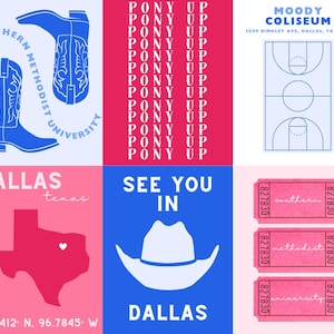 Conjunto de 6 personalizados, Southern Methodist University, impressões, downloads digitais, decoração de dormitório, arte de parede, SMU, impressões universitárias, azul/rosa, conjunto de colagem