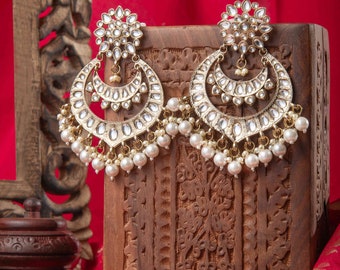 White Pearl Kundan Chandbali Earrings: Indian Bridal Jewelry