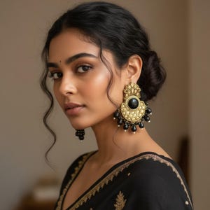 Gold Plated Black Green Polki Earrings | Indian Bridal Jewelry