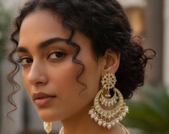 White Pearl Kundan Chandbali Earrings: Indian Bridal Jewelry