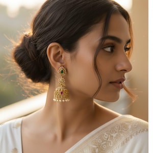 Gold Jhumka Earrings, CZ Ruby Emerald, Pearl Drop, Indian Bridal Jewelry