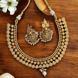 Romikas Antike Gold Halskette mit Jhumka/Gold Choker Halskette/Guttapusalu Halskette/Tempel Schmuck/südindischen Schmuck/Geschenk für Sie