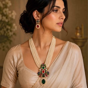 Multi Strand Pearl Necklace Set, Kundan Bridal Jewelry, CZ Ruby Emerald Stones