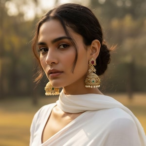 Gouden CZ Jhumka-oorbellen met robijn, smaragdstenen en parels