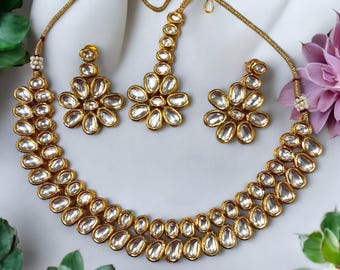 Kundan Indian Jewelry Set: Meenakari Necklace, Earrings & Tikka