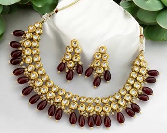 Gold Plated Kundan Bridal Necklace Set: Meenakari Indian Jewelry